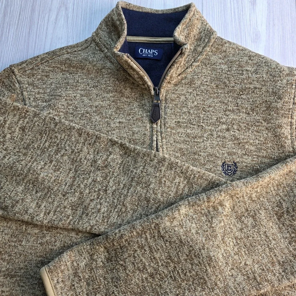 Chaps Sweater Men's M Brown 1/4 Zip Pullover Fleece Sweatshirt‎ Pockets Logo - Picture 2 of 10